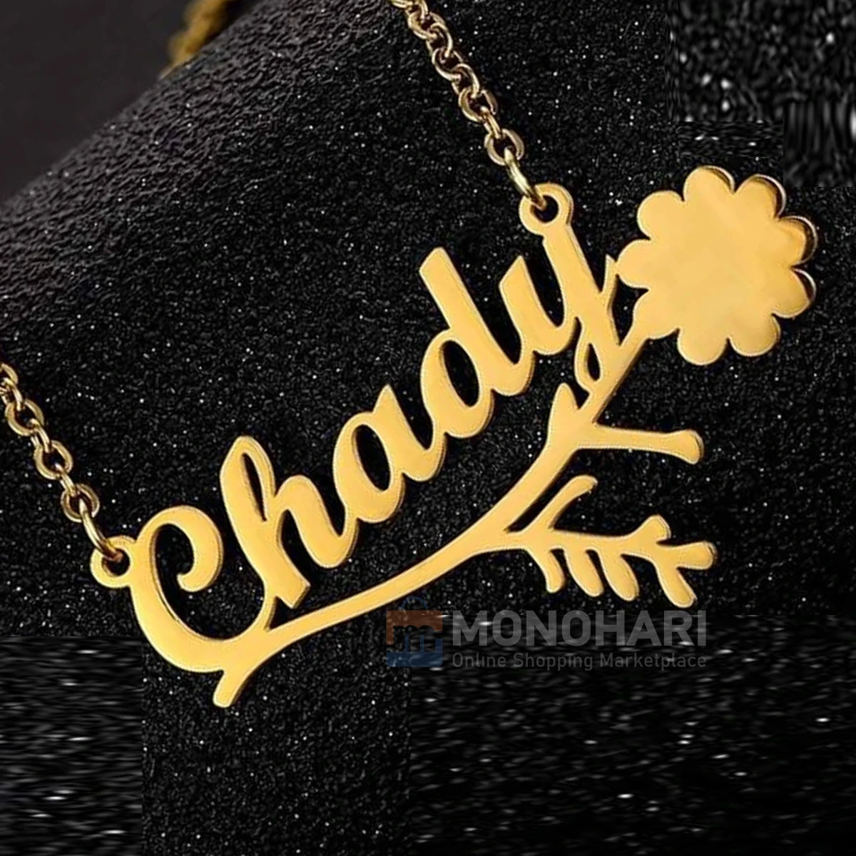 Name Necklace (Chady) Flower with Leaf (Monohari) 22K Gold Plated