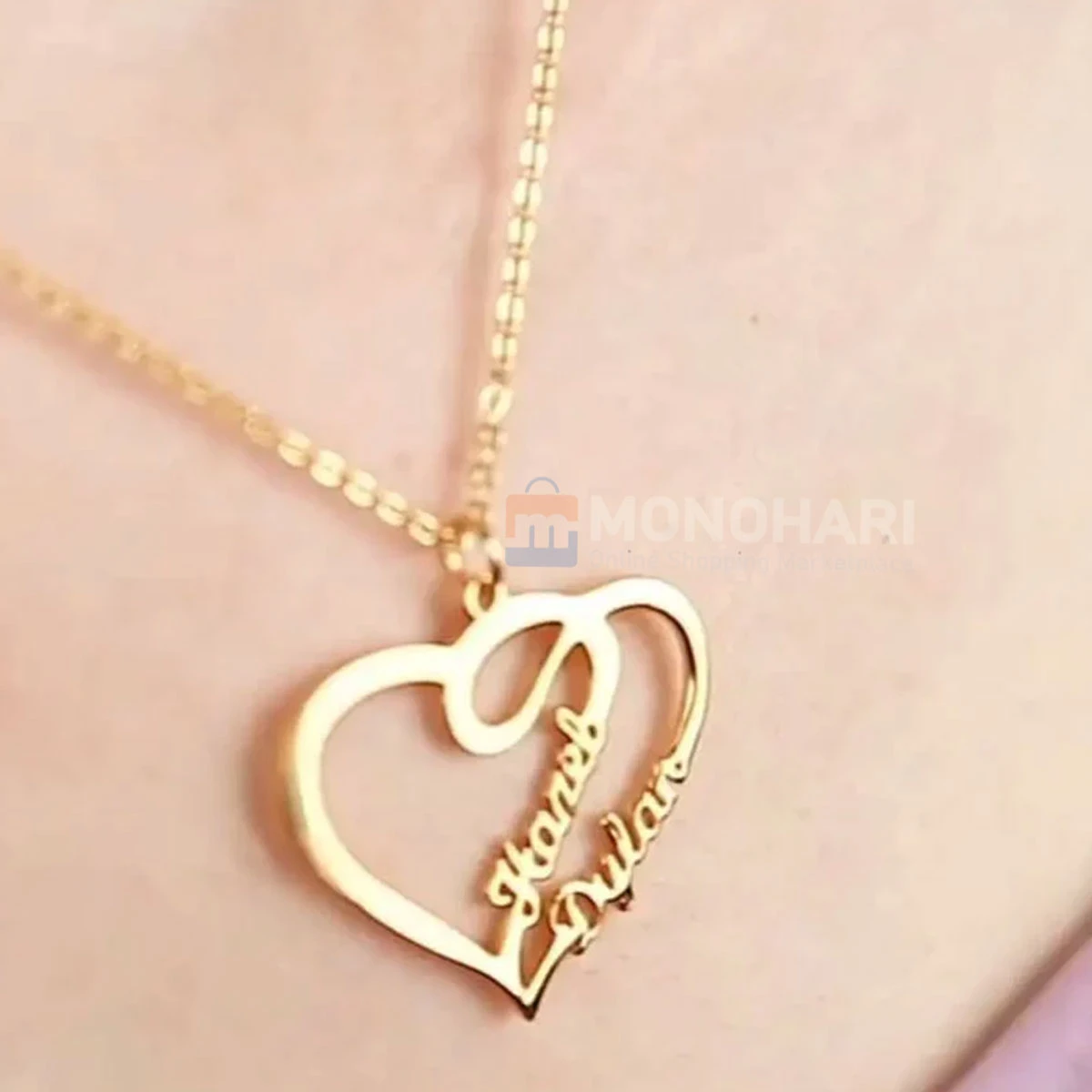 Couple Name Necklace (Rames Sahhle) Side Heart Shape 22K Gold Plated Customized Necklace