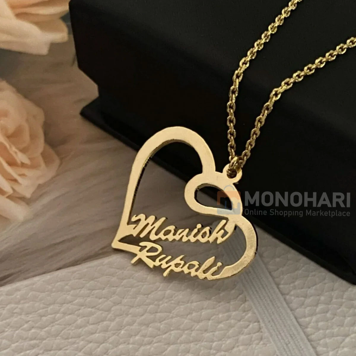 Couple Name Necklace (Rames Sahhle) Side Heart Shape 22K Gold Plated Customized Necklace