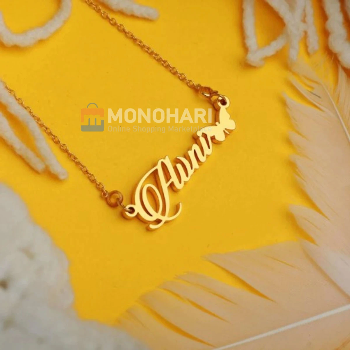 Single Name Necklace (Avni-Charu) Text with Butterfly (Monohari) 22K Gold Plated
