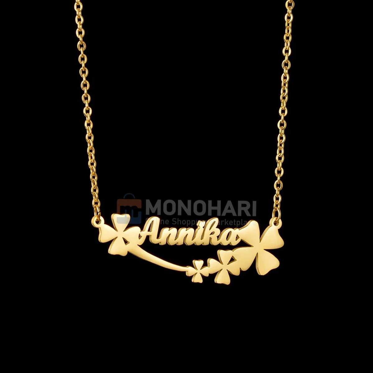 Single Name Necklace (Annika) Below Flower Shape 22K Gold Plated Customized Necklace