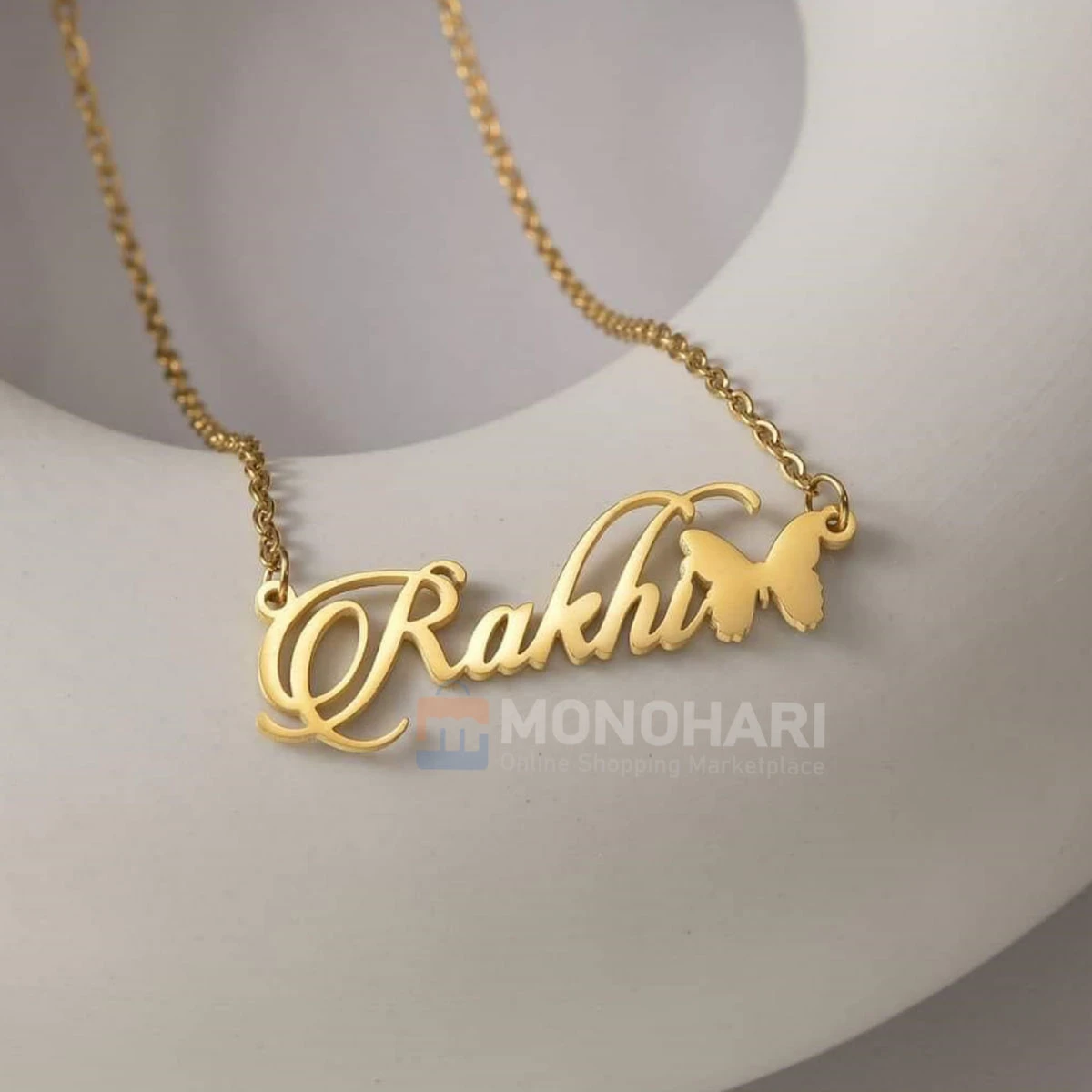 Single Name Necklace (Rakhi) Left Butterfly Shape 22K Gold Plated Customized Necklace