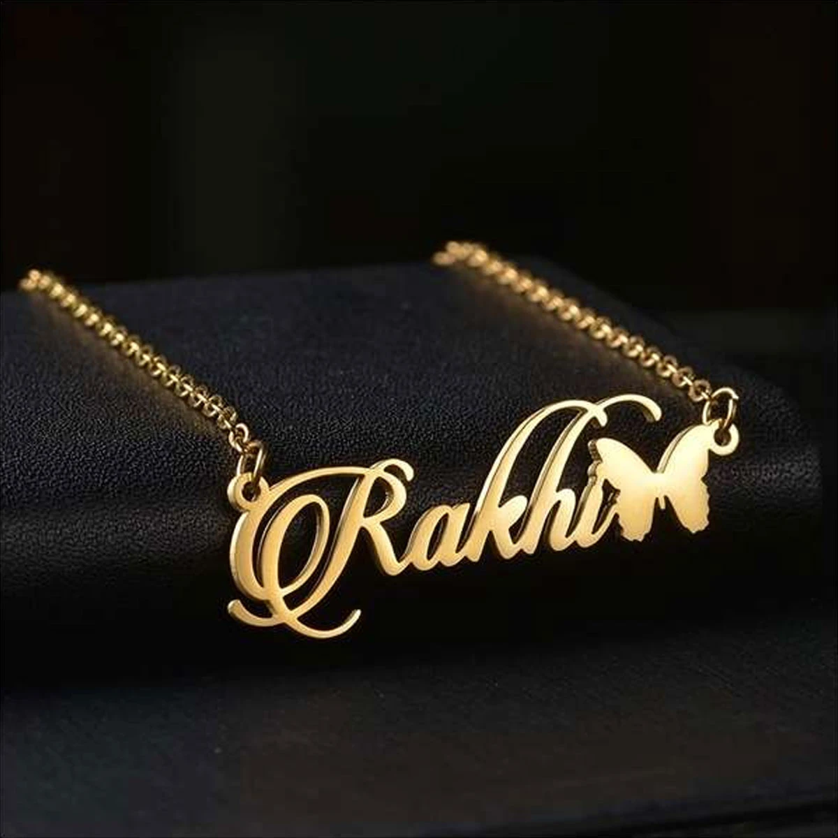 Single Name Necklace (Rakhi) Left Butterfly Shape 22K Gold Plated Customized Necklace