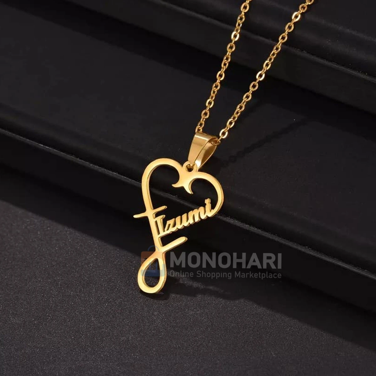 Single Name Necklace (Izumi) Between with Heart with round tail shape 22K Gold Plated Customized Necklace