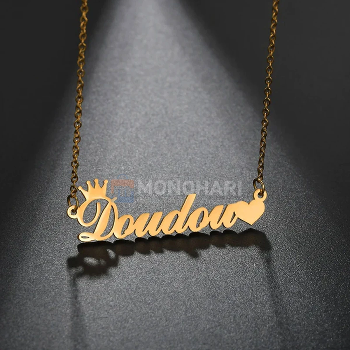 Single Name Necklace (Doudou) Crown with left heart shape 22K Gold Plated Customized Necklace