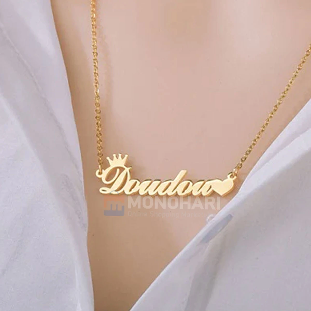 Single Name Necklace (Doudou) Crown with left heart shape 22K Gold Plated Customized Necklace