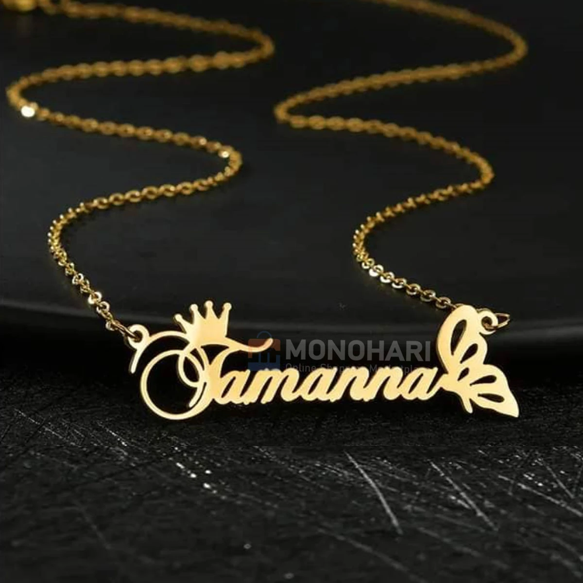 Single Name Necklace (Tamanna) Crown with left Butterfly shape 22K Gold Plated Customized Necklace