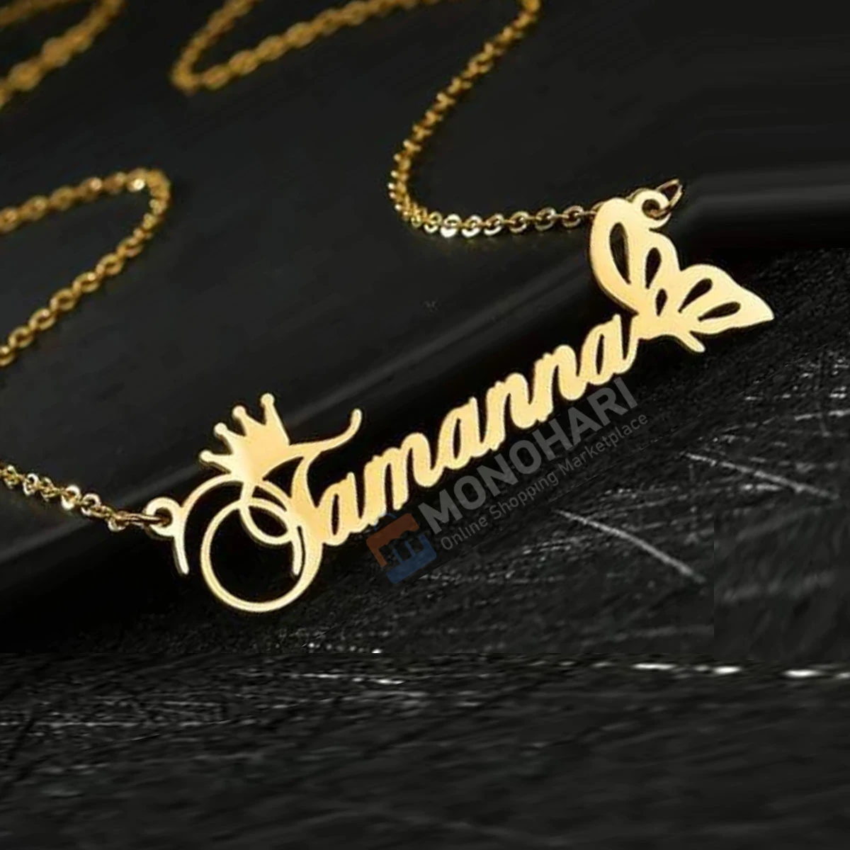 Single Name Necklace (Tamanna) Crown with left Butterfly shape 22K Gold Plated Customized Necklace