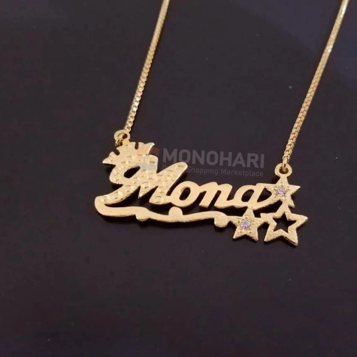 Single Name Necklace (Amoni/Mona) Heart Line & Triple Star shape 22K Gold Plated Customized Necklace