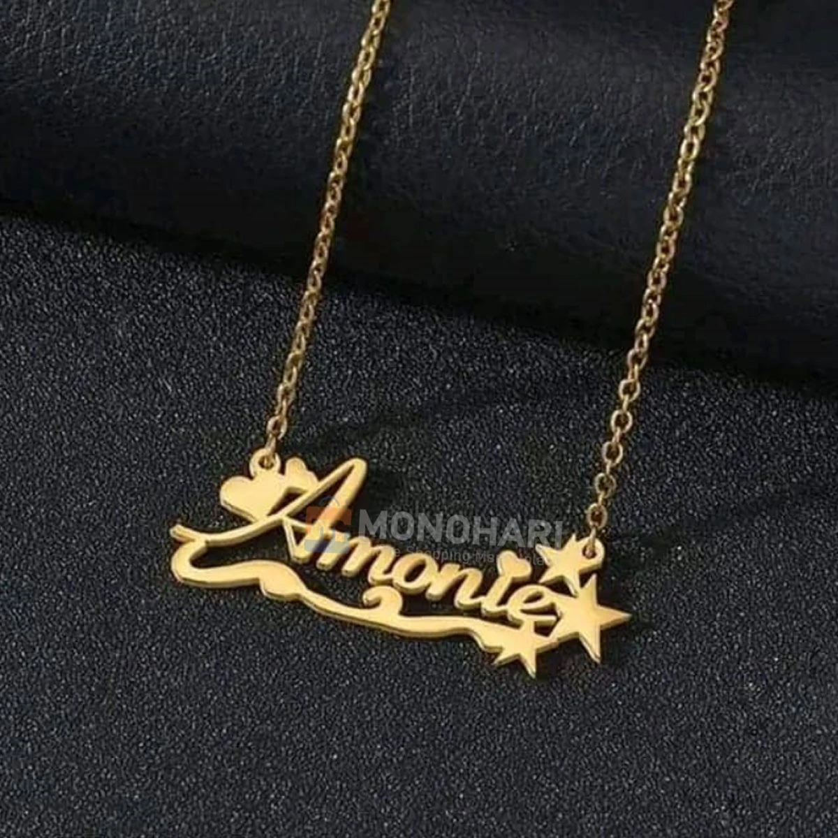 Single Name Necklace (Amoni/Mona) Heart Line & Triple Star shape 22K Gold Plated Customized Necklace