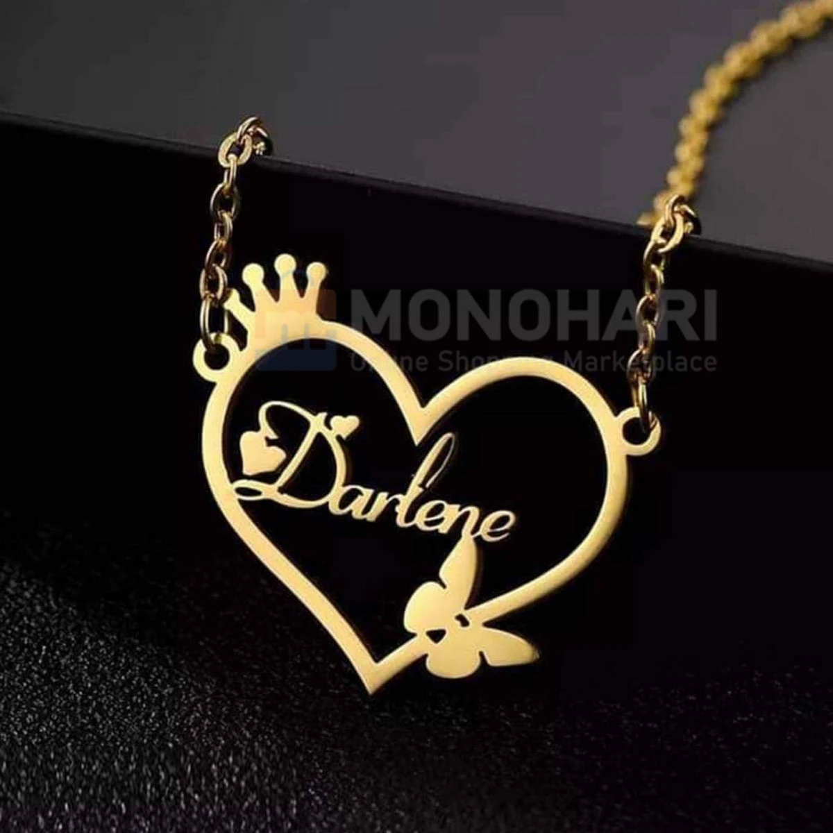 Single Name Necklace (Darlene/Natasha) Between Heart with crown and Butterfly shape 22K Gold Plated Customized Necklace