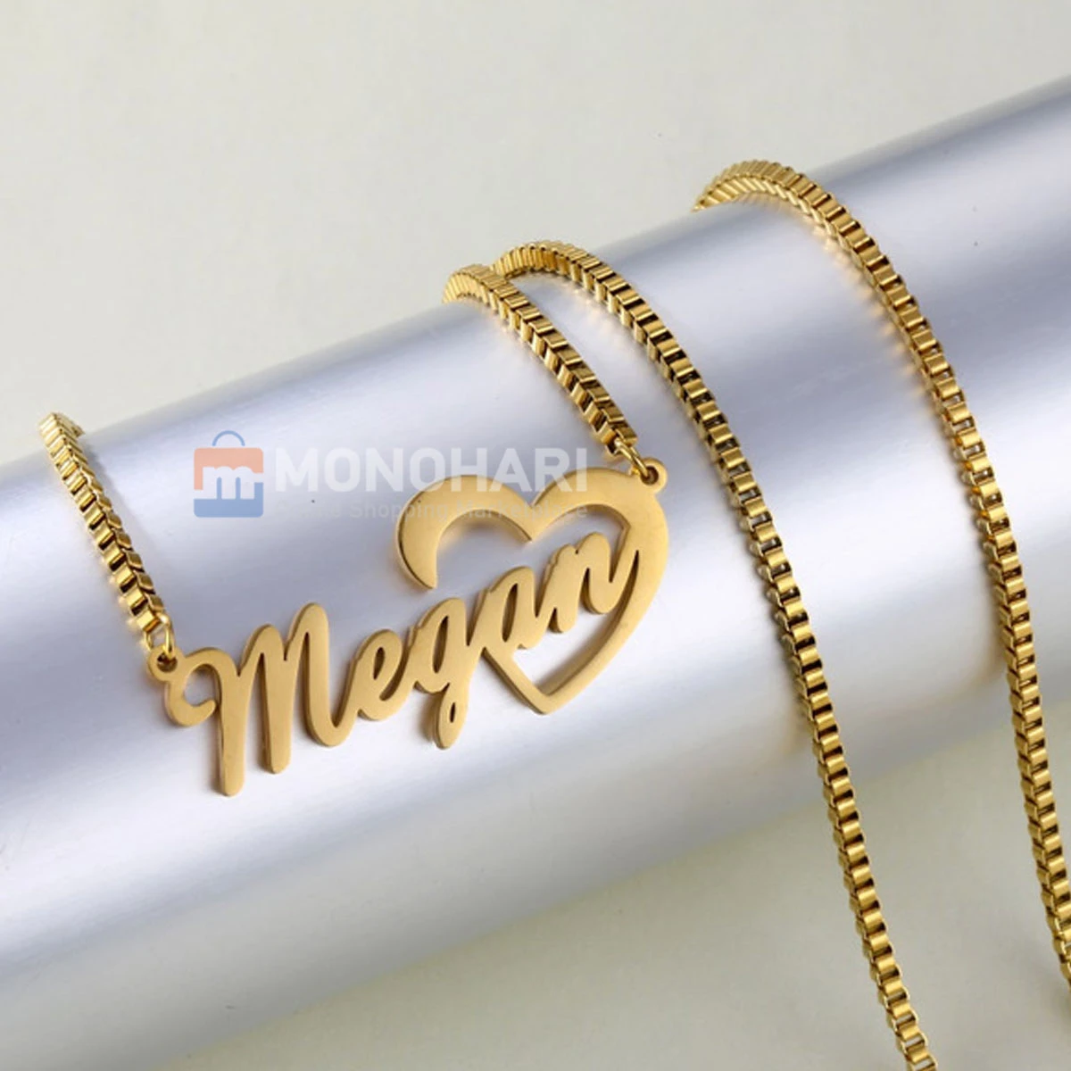 Single Name Necklace (Megan/Naami) With Heart Shape 22K Gold Plated Customized Necklace
