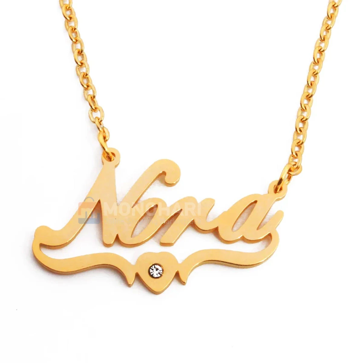 Single Name Necklace (Maria/Nora) with Wave Heart Shape 22K Gold Plated Customized Necklace