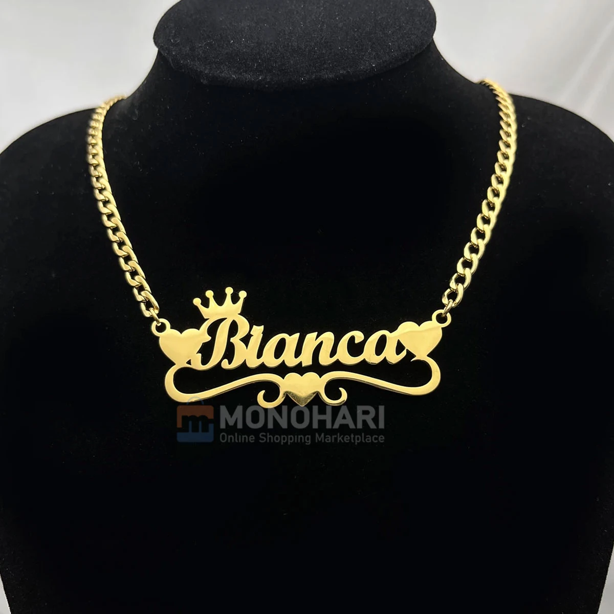 Single Name Necklace (Bianca) with Wave Heart Shape 22K Gold Plated Customized Necklace