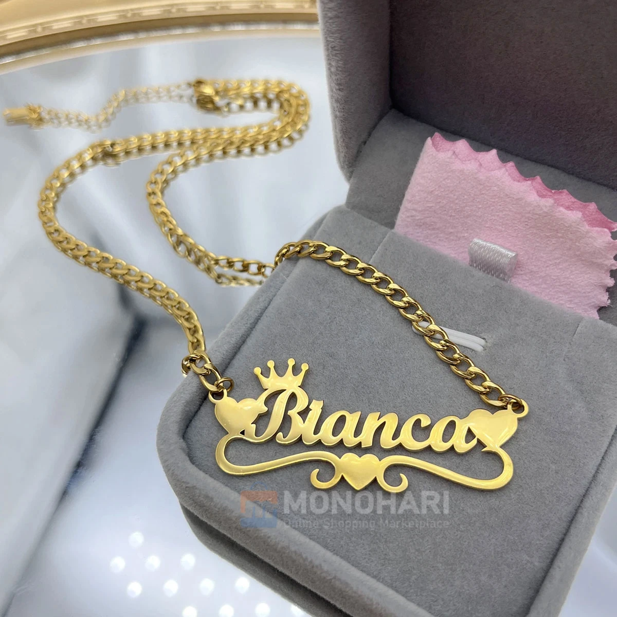 Single Name Necklace (Bianca) with Wave Heart Shape 22K Gold Plated Customized Necklace