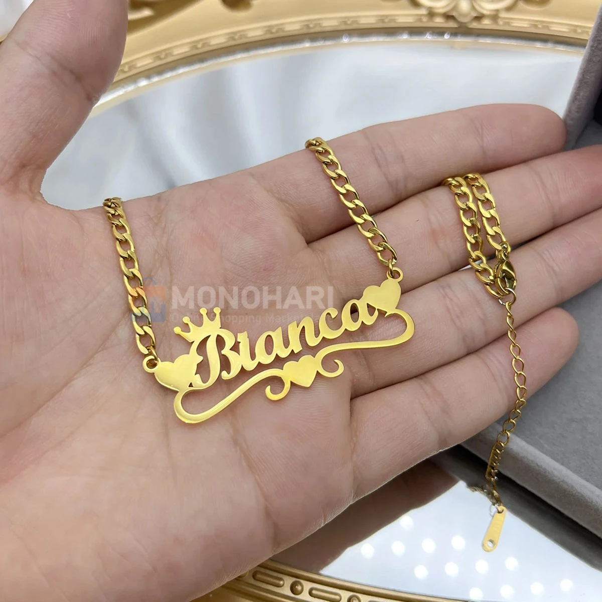 Single Name Necklace (Bianca) with Wave Heart Shape 22K Gold Plated Customized Necklace