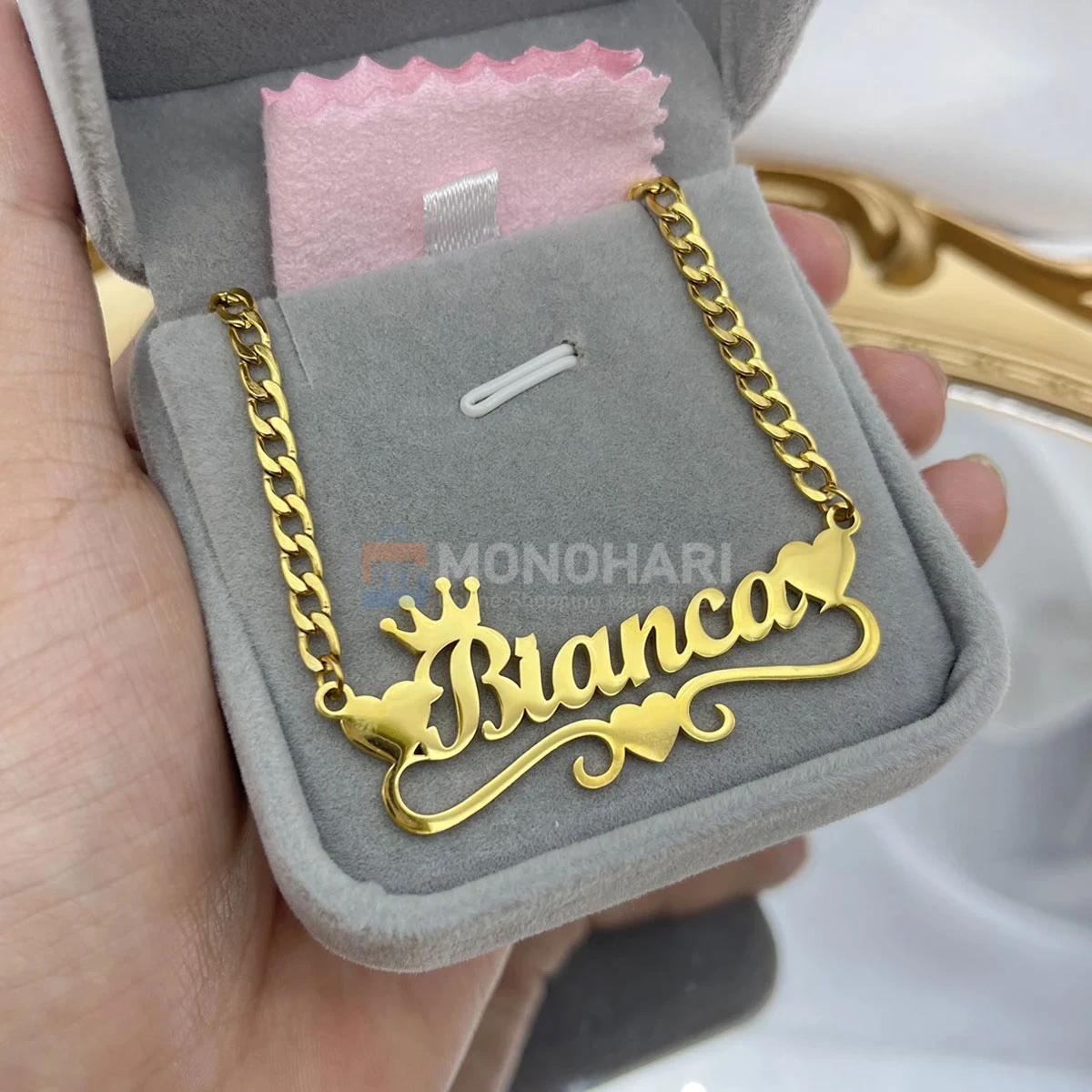 Single Name Necklace (Bianca) with Wave Heart Shape 22K Gold Plated Customized Necklace