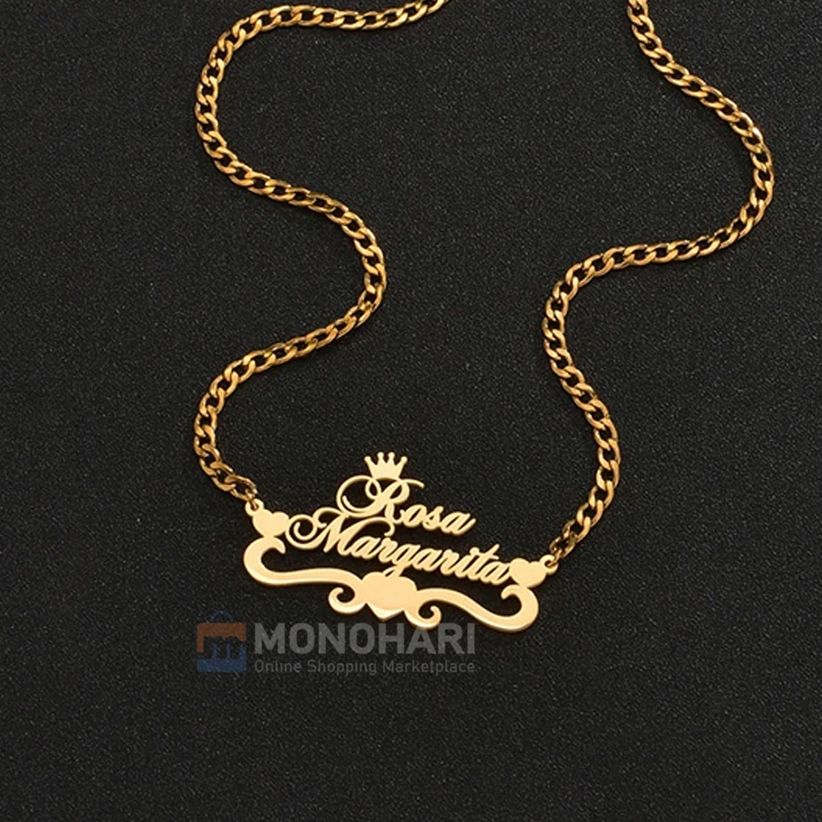 Couple Name Necklace (Rosa & Margarita) Crown with Three Side Heart Shape 22K Gold Plated Customized Necklace