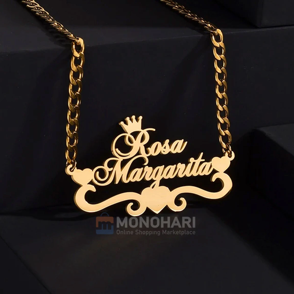 Couple Name Necklace (Rosa & Margarita) Crown with Three Side Heart Shape 22K Gold Plated Customized Necklace