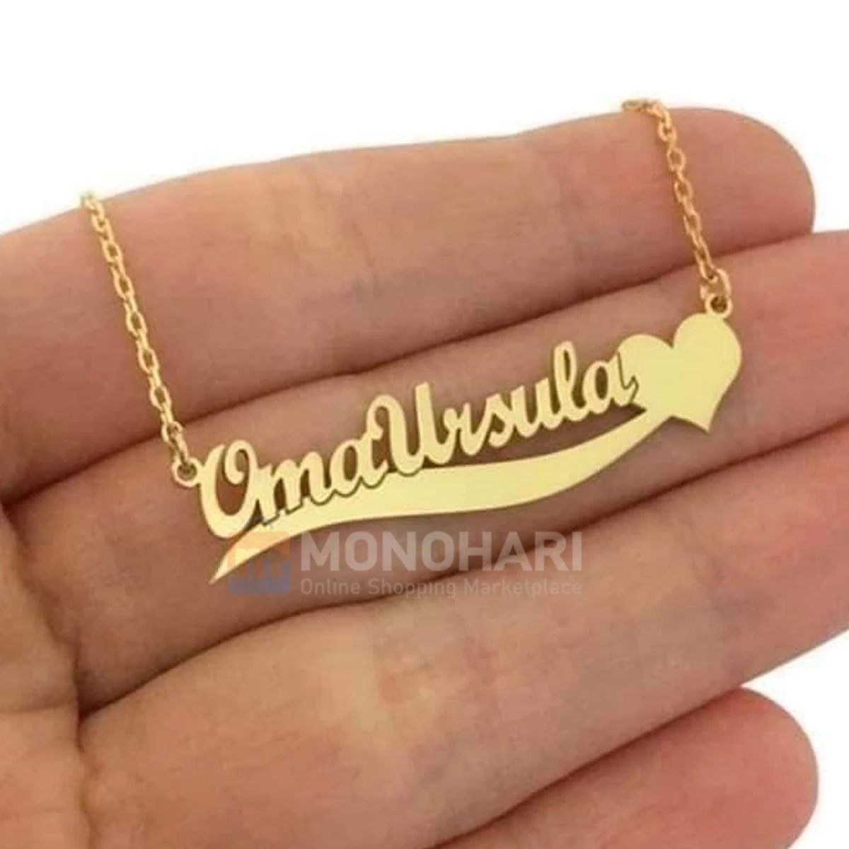 Single Name Necklace (OmaUrsula) Below Wave with Left Heart Shape 22K Gold Plated Customized Necklace