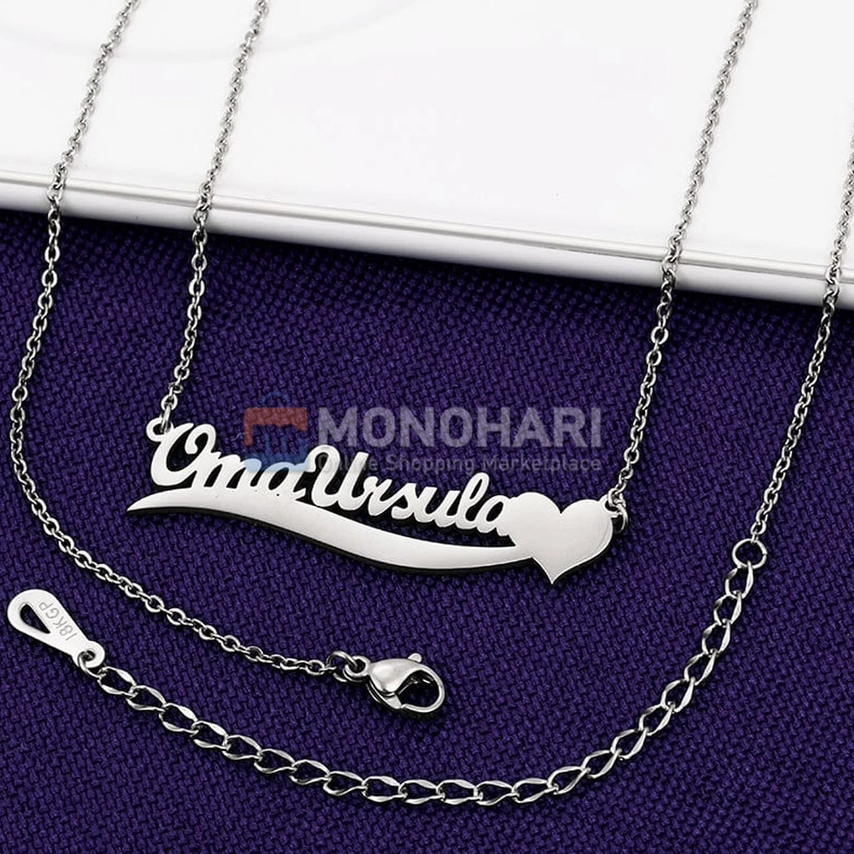 Single Name Necklace (OmaUrsula) Below Wave with Left Heart Shape 22K Gold Plated Customized Necklace