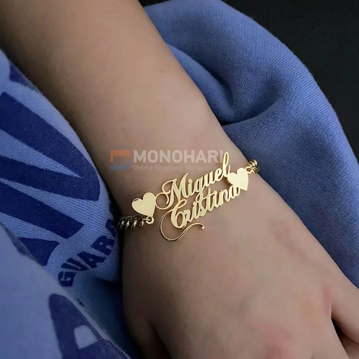Couple Name Bracelet (Michelle & Gareth) Bothe side Heart Shape 22K Gold Plated Customized Bracelet
