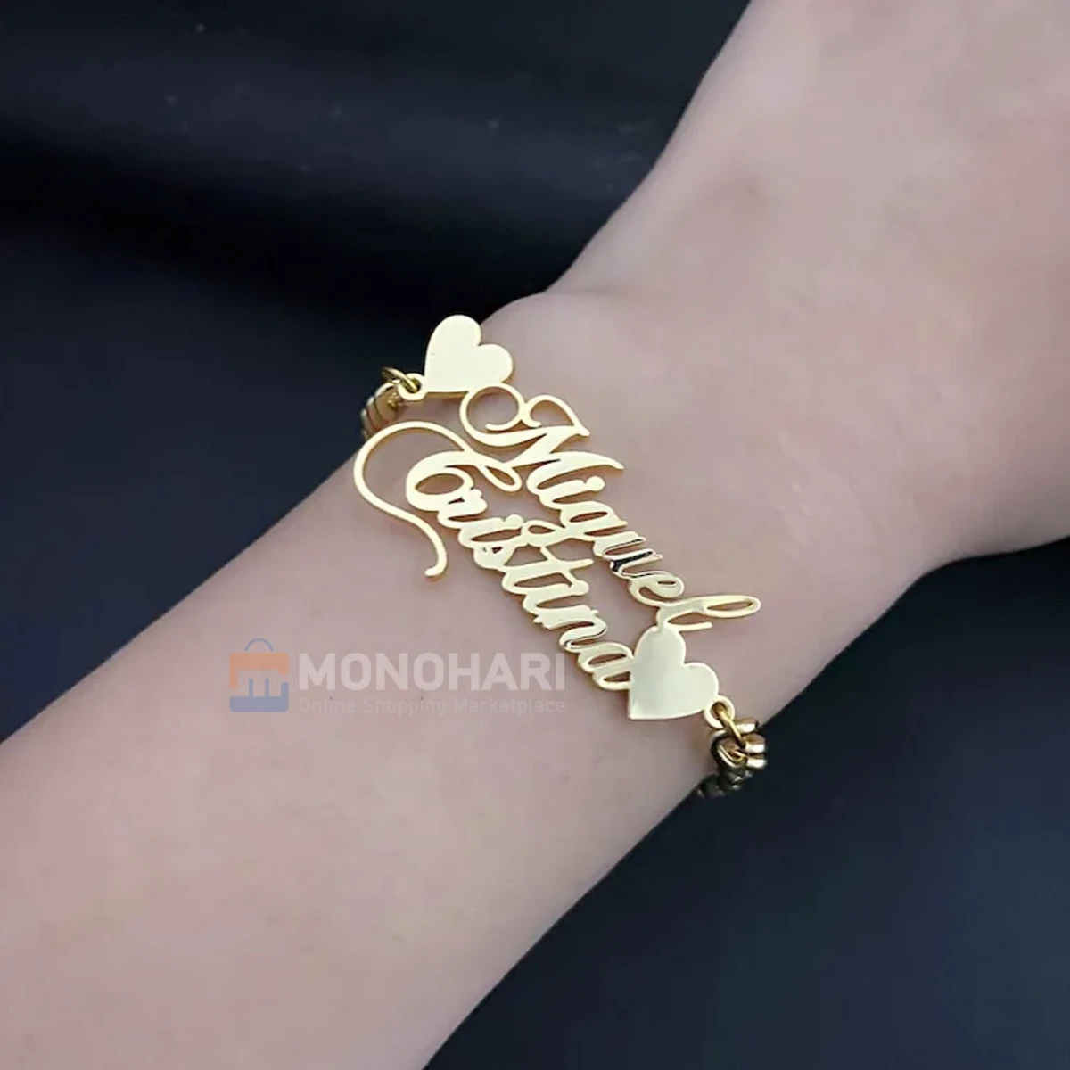 Couple Name Bracelet (Michelle & Gareth) Bothe side Heart Shape 22K Gold Plated Customized Bracelet