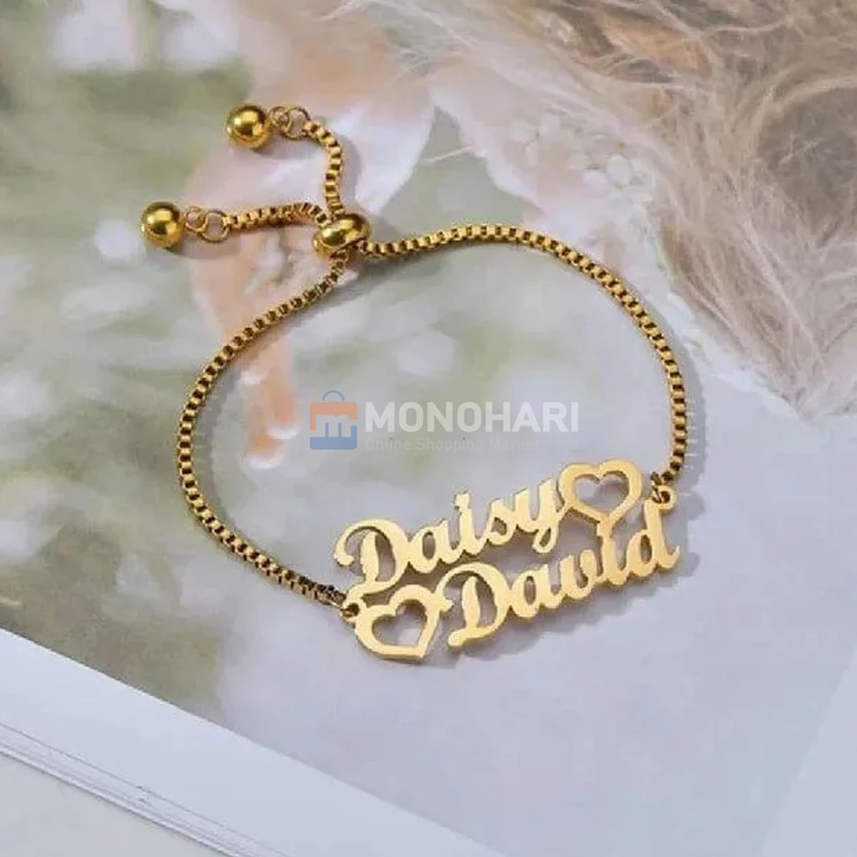 Couple Name Bracelet (Daisy & David ) Bothe side Heart Shape 22K Gold Plated Customized Bracelet