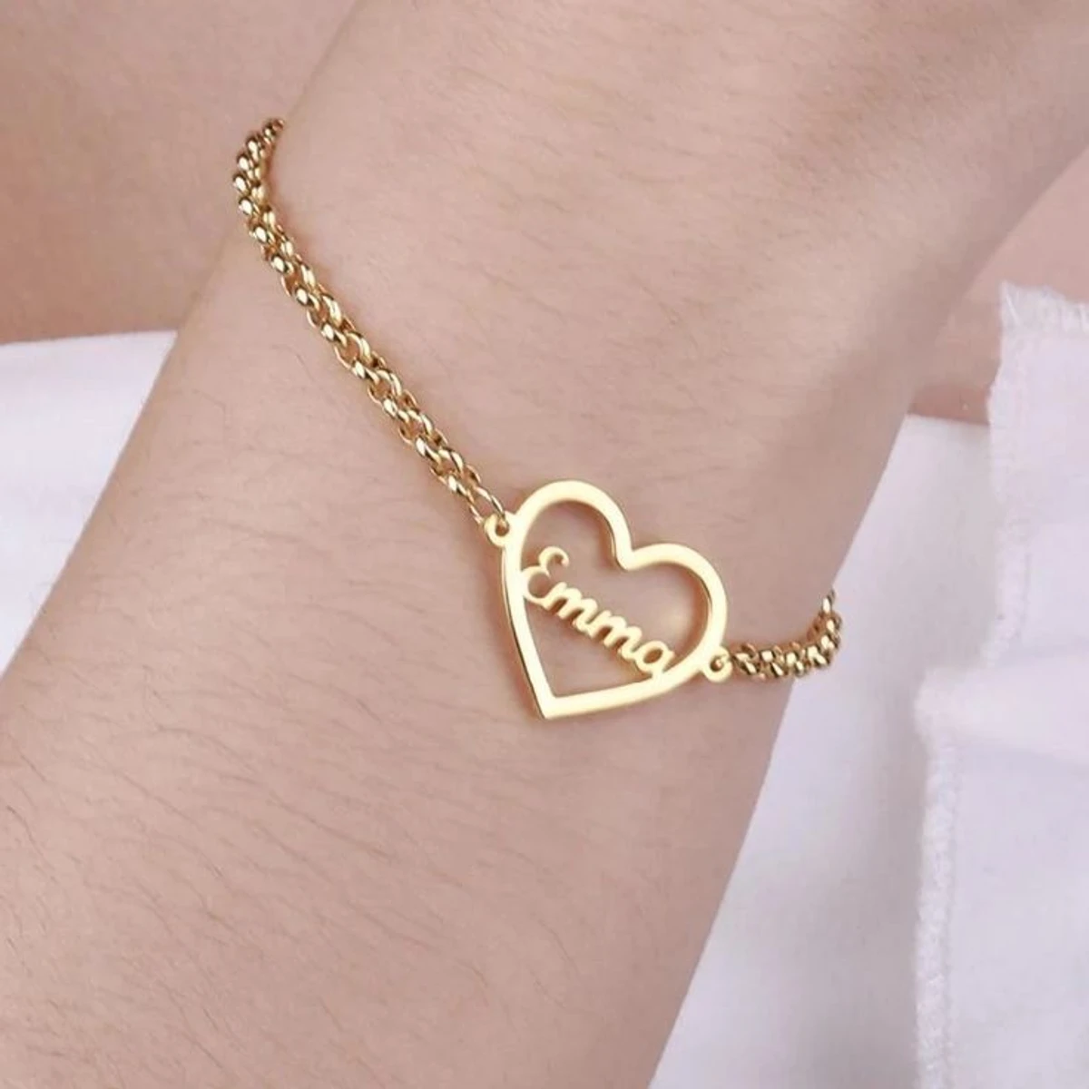 Single Name Bracelet (Emma / Custom ) Covered with Heart 22K Gold Plated Customized Bracelet