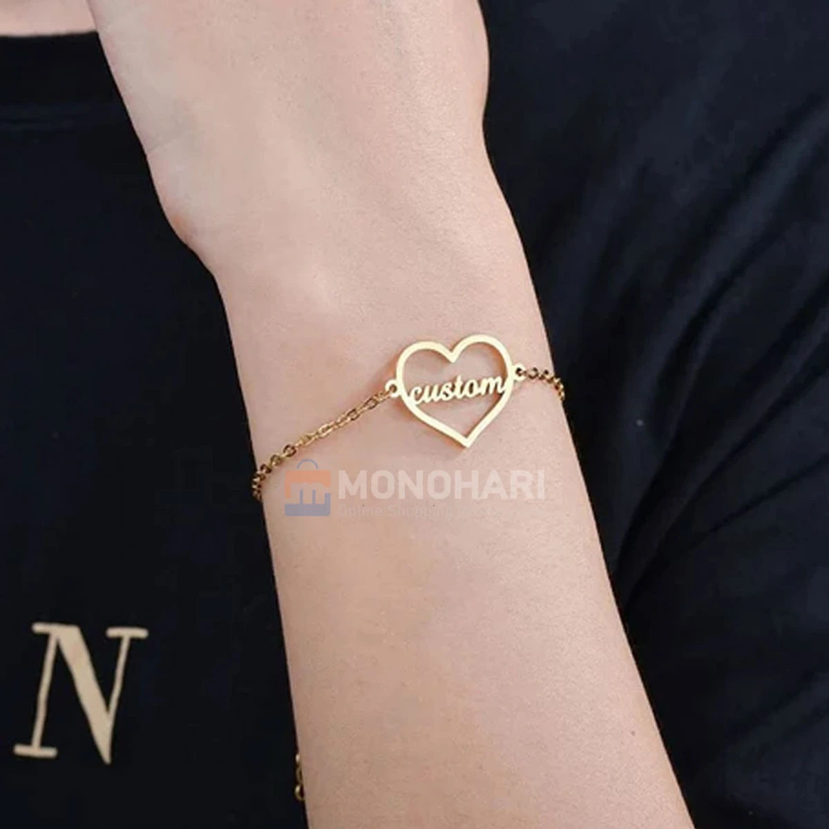 Single Name Bracelet (Emma / Custom ) Covered with Heart 22K Gold Plated Customized Bracelet