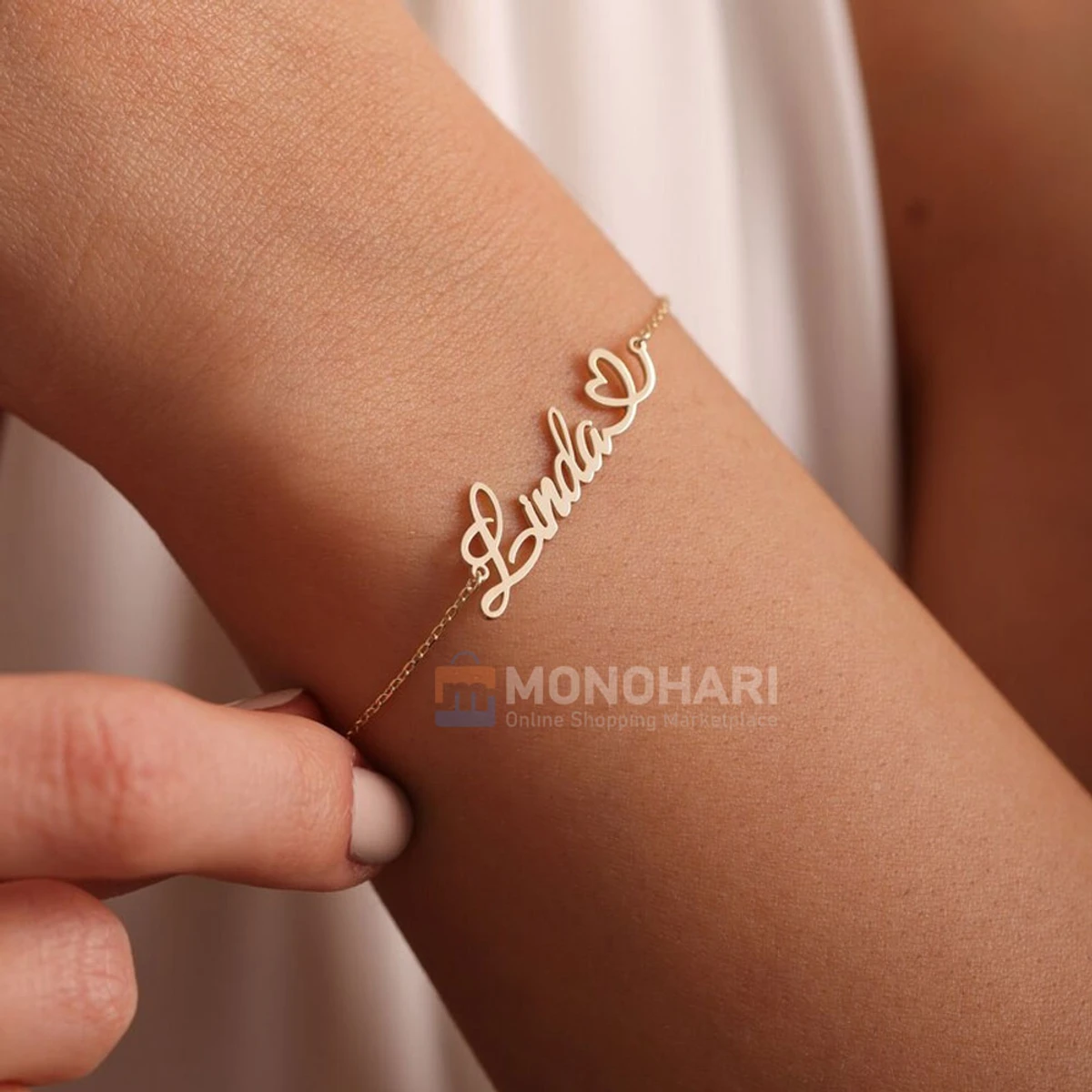 Single Name Bracelet (Linda) with Left side Heart Shape 22K Gold Plated Customized Bracelet