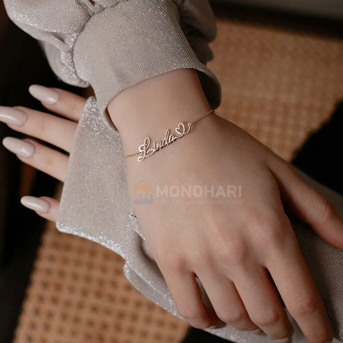 Single Name Bracelet (Linda) with Left side Heart Shape 22K Gold Plated Customized Bracelet