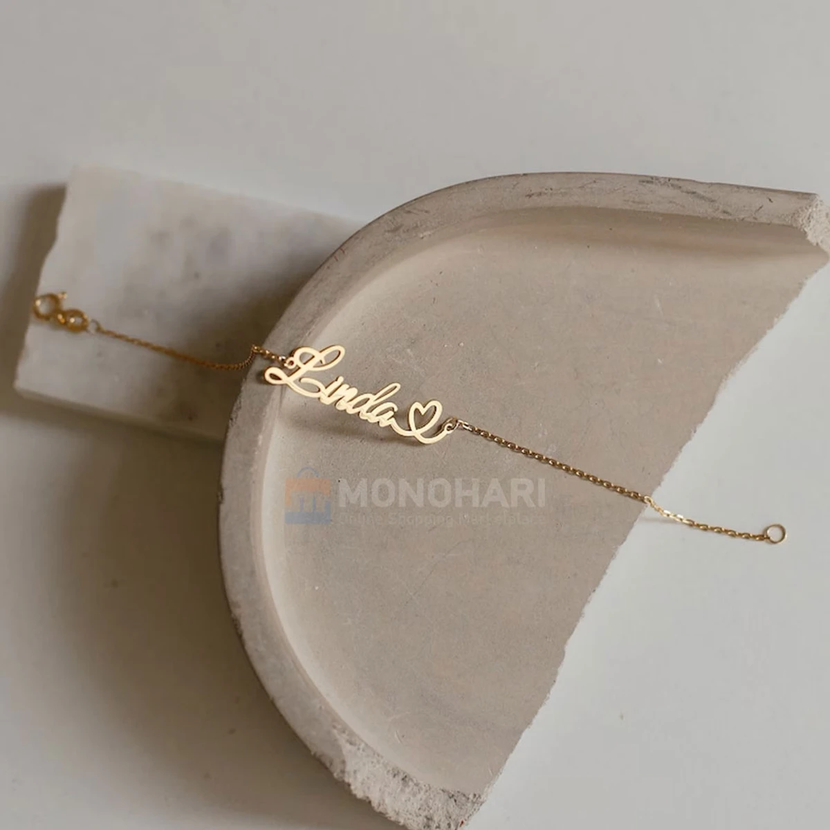 Single Name Bracelet (Linda) with Left side Heart Shape 22K Gold Plated Customized Bracelet