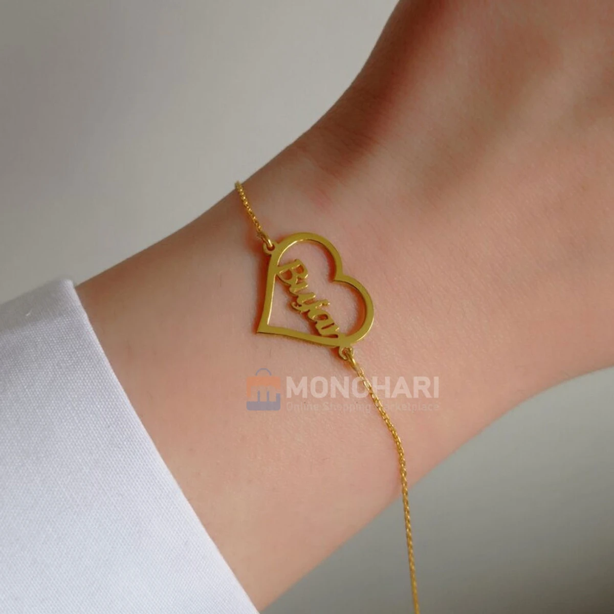 Single Name Bracelet (Bujar) Covered with Heart Shape 22K Gold Plated Customized Bracelet