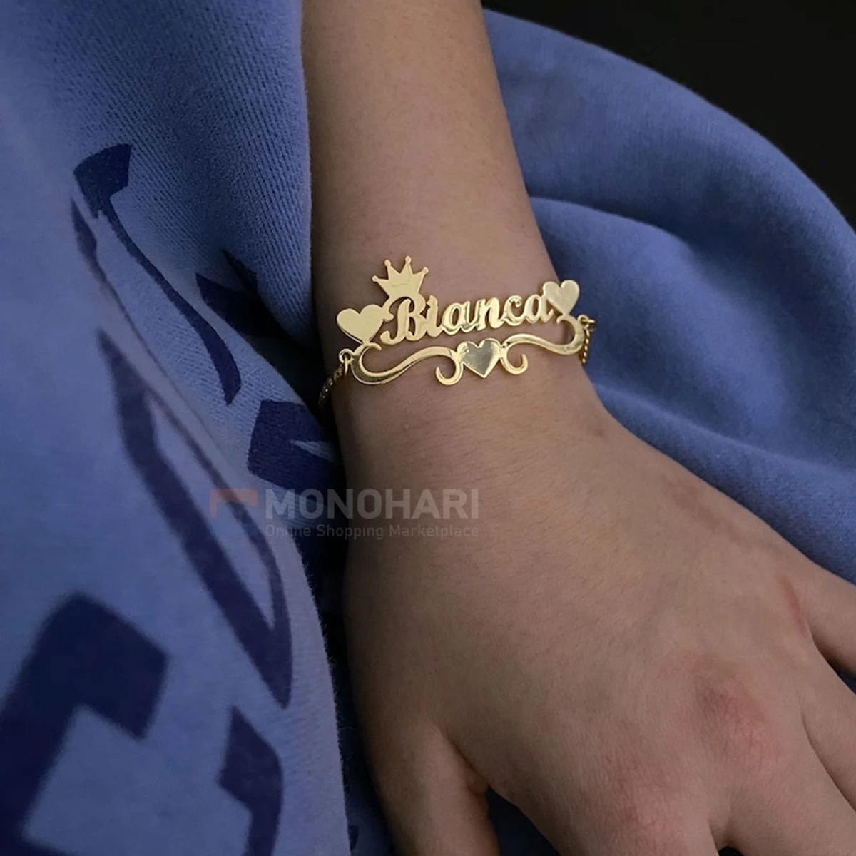 Single Name Bracelet (Bianca) With Three Side Heart Shape 22K Gold Plated Customized Bracelet