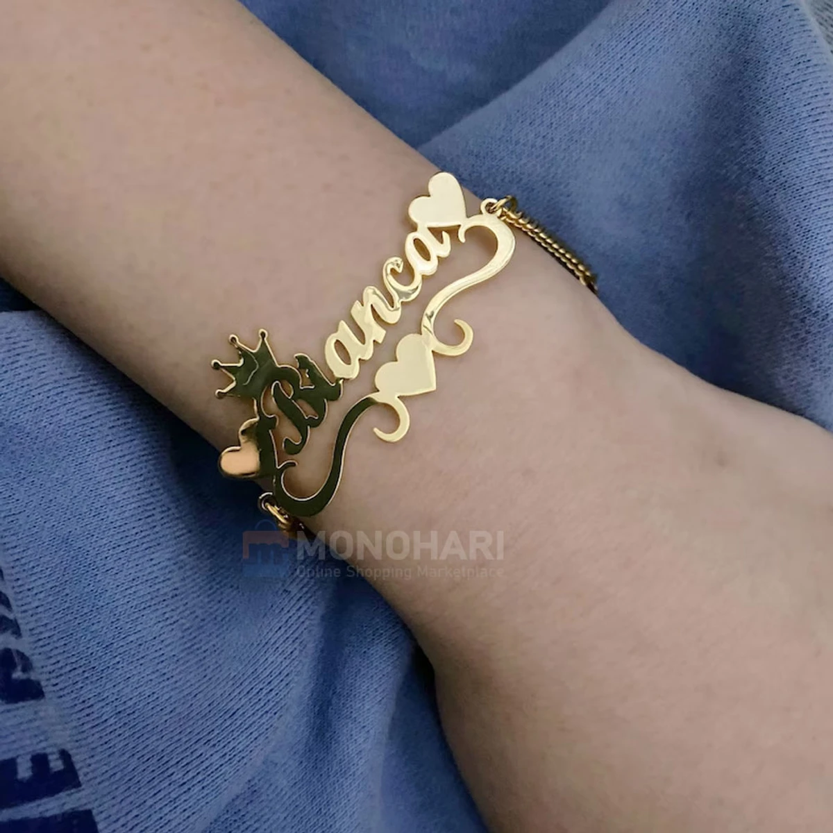 Single Name Bracelet (Bianca) With Three Side Heart Shape 22K Gold Plated Customized Bracelet