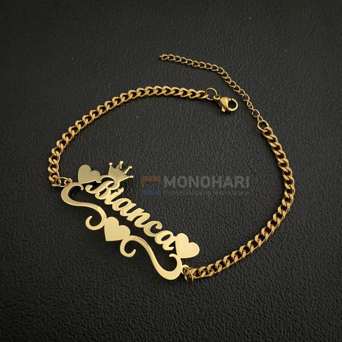 Single Name Bracelet (Bianca) With Three Side Heart Shape 22K Gold Plated Customized Bracelet