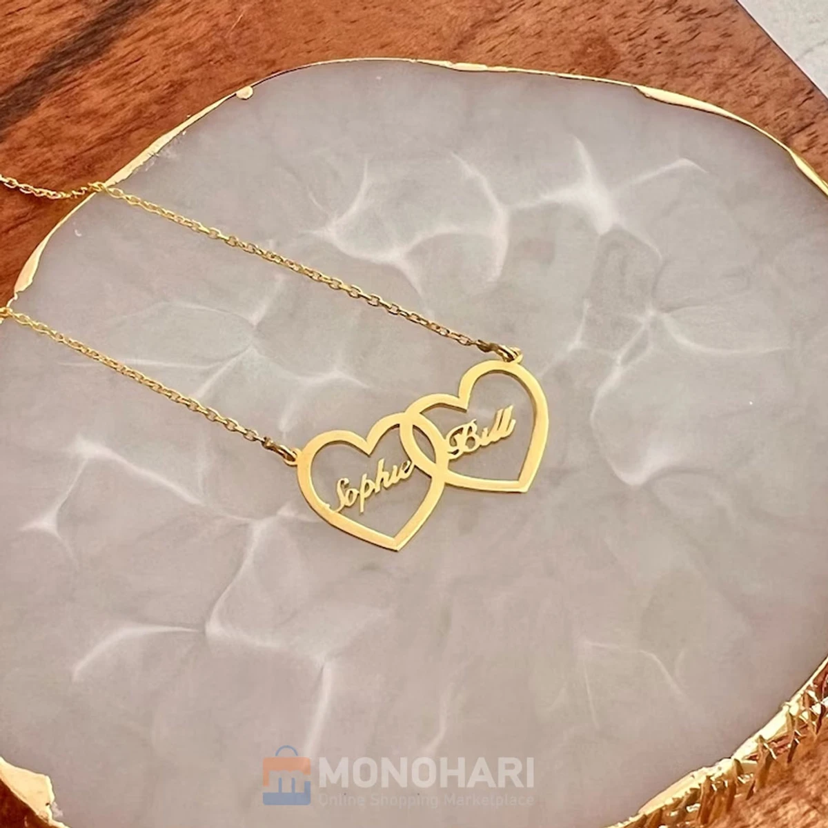 Couple Name Necklace (Sophi & Bill) Double Side Heart Shape 22K Gold Plated Customized Necklace
