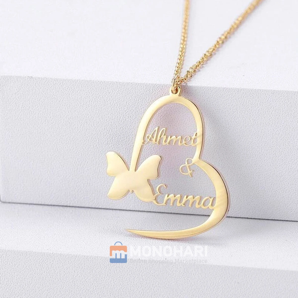 Couple Name Necklace (James & Amanda) Covered Heart & Butterfly Shape 22K Gold Plated Customized Necklace