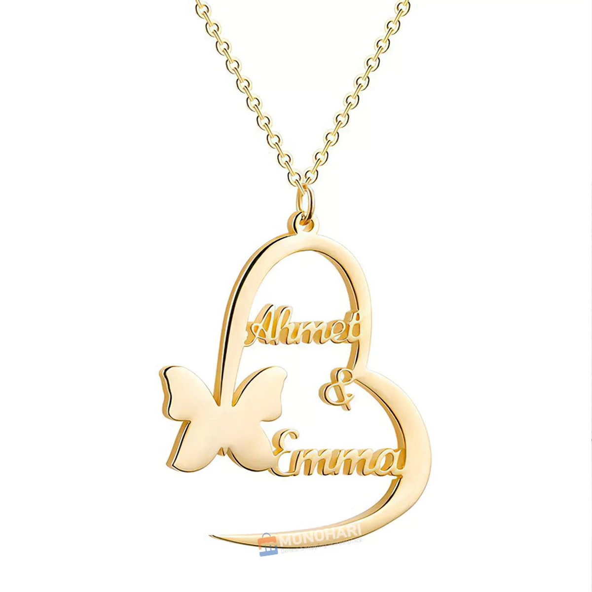 Couple Name Necklace (James & Amanda) Covered Heart & Butterfly Shape 22K Gold Plated Customized Necklace