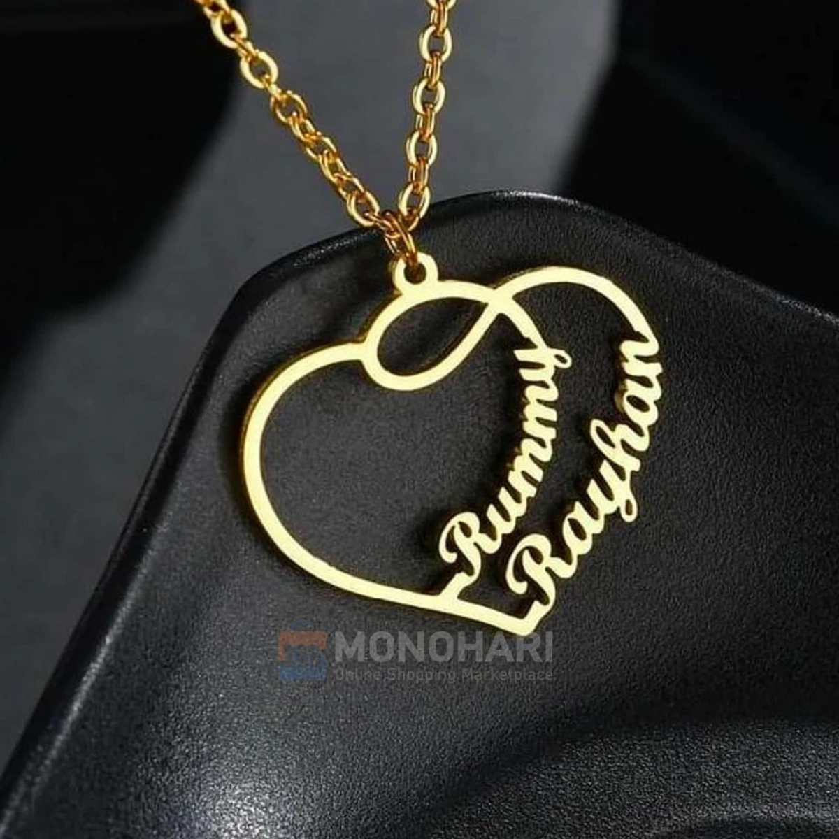 Couple Name Necklace (Rummy & Rayhan) Semi Double Heart Shape 22K Gold Plated Customized Necklace