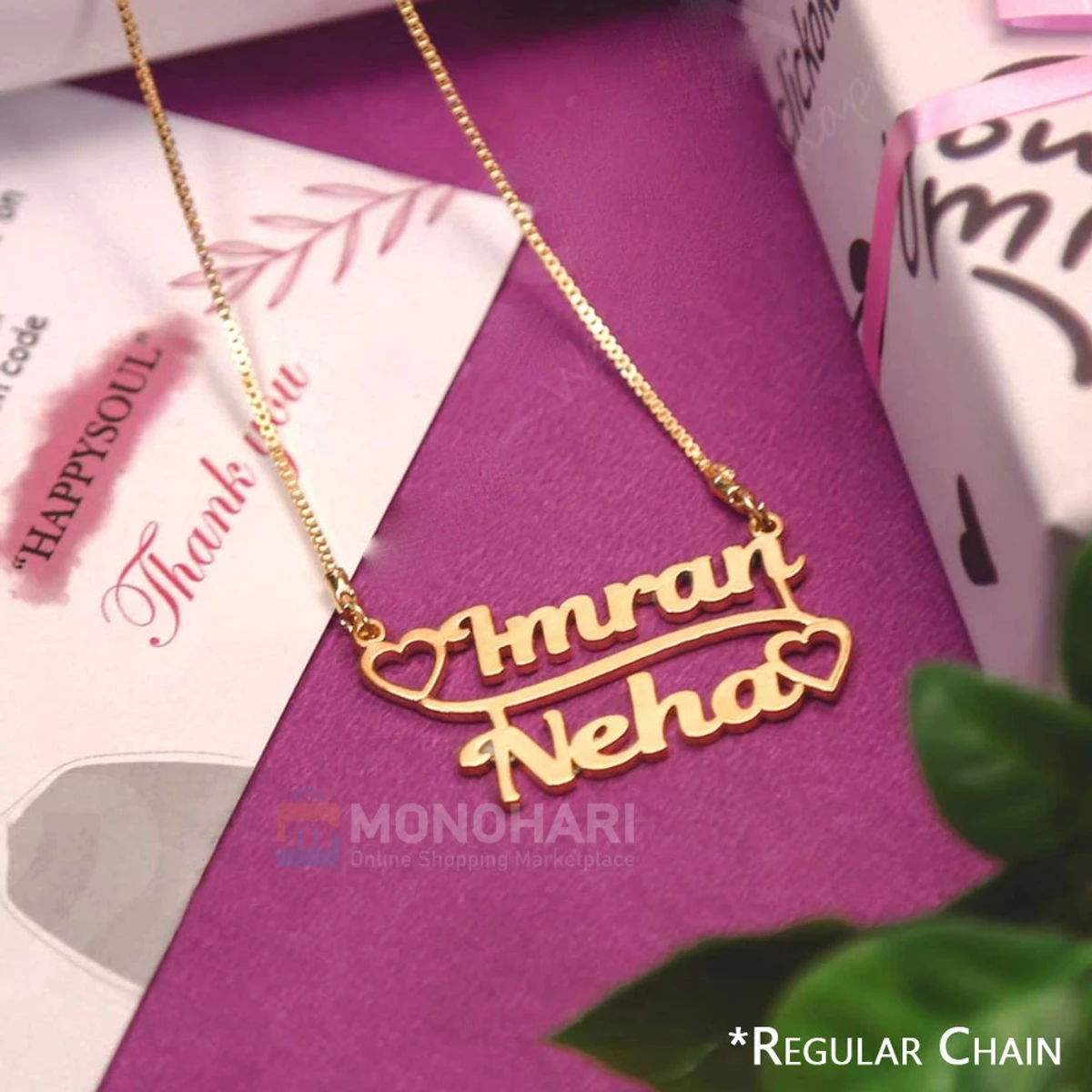 Couple Name Necklace (Imran & Neha) Both Side Heart Shape 22K Gold Plated Customized Necklace