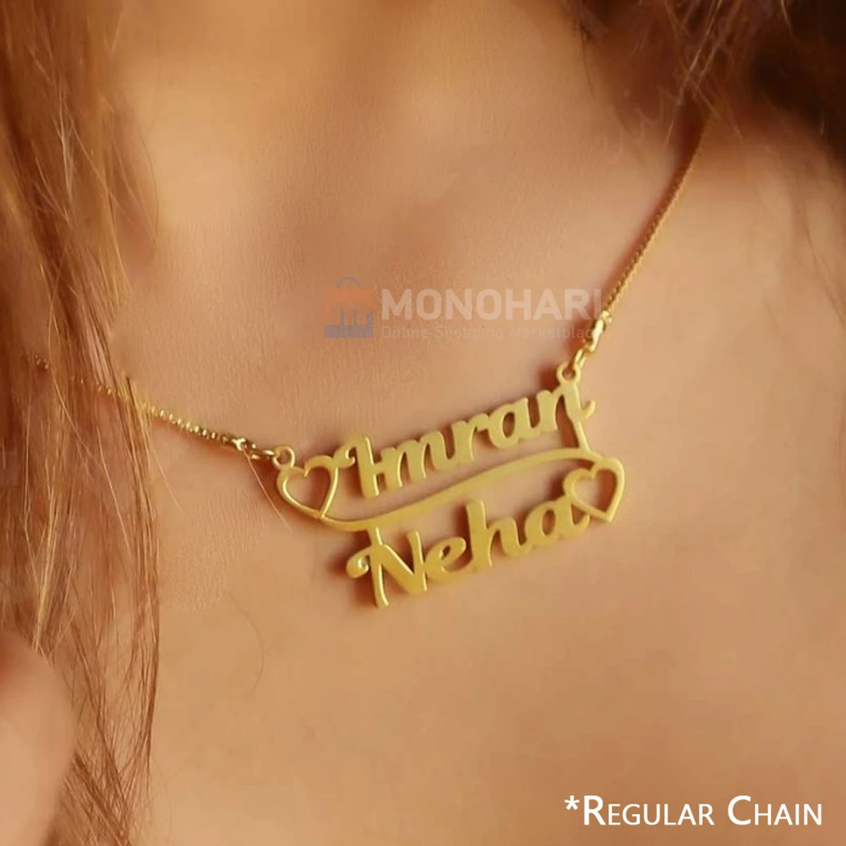 Couple Name Necklace (Imran & Neha) Both Side Heart Shape 22K Gold Plated Customized Necklace