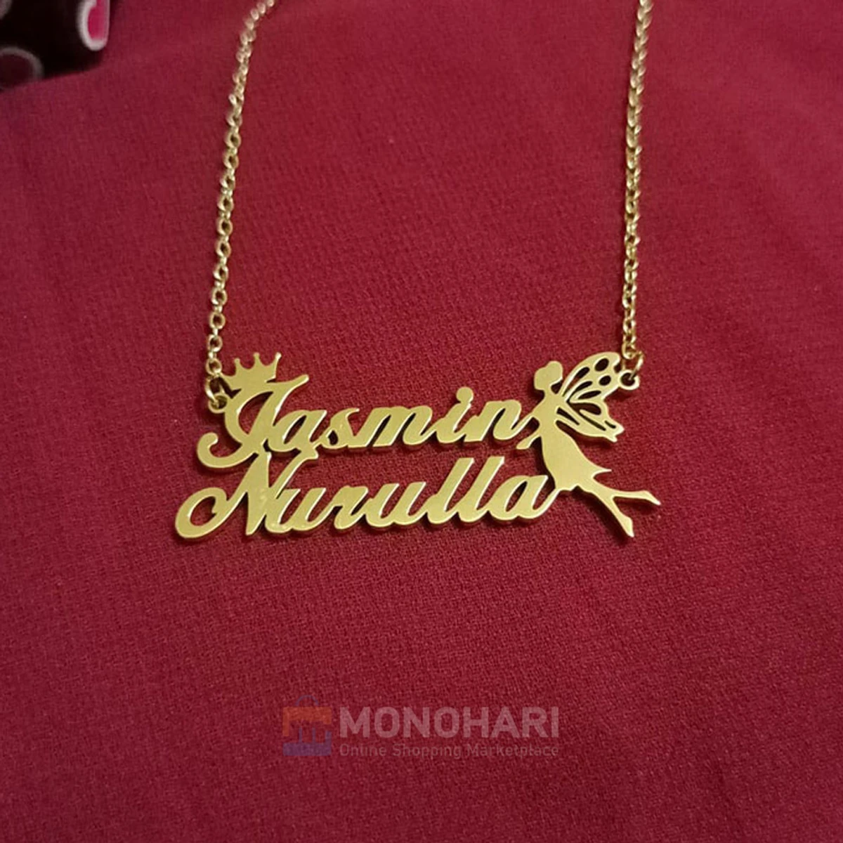 Couple Name Necklace (Iasmin & Nurullah) With Left Side Angel Shape 22K Gold Plated Customized Necklace