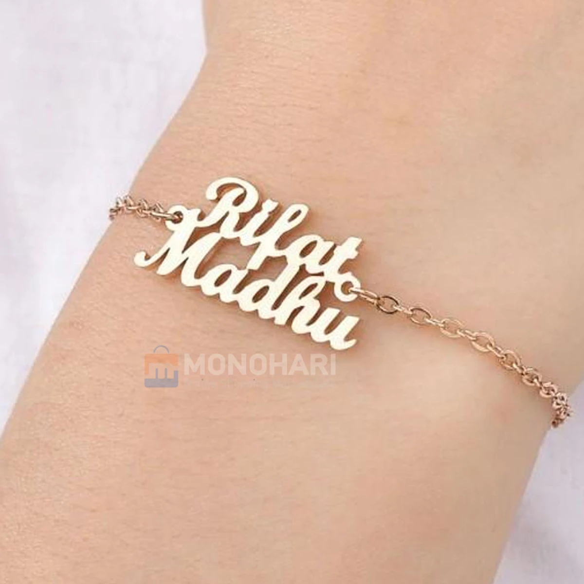 Couple Name Bracelet (Rifat & Madhu) Simple Text 22K Gold Plated Customized Bracelet