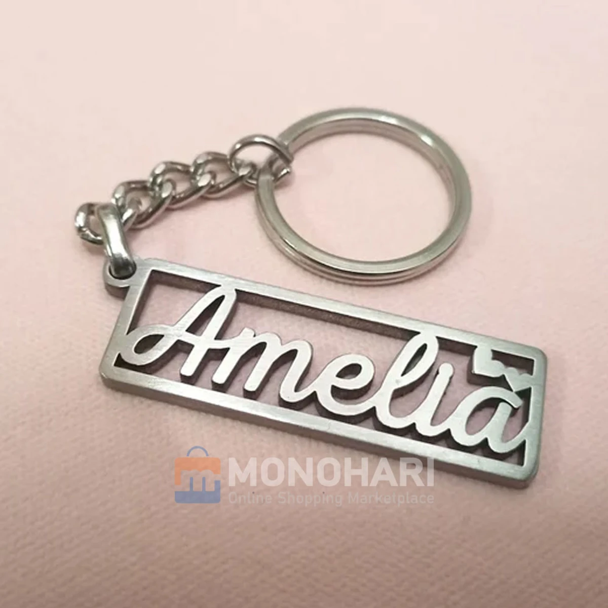 Single Name Key Ring (Amelia) With Dual Heart Shape 22K Gold Plated Customized Key Ring