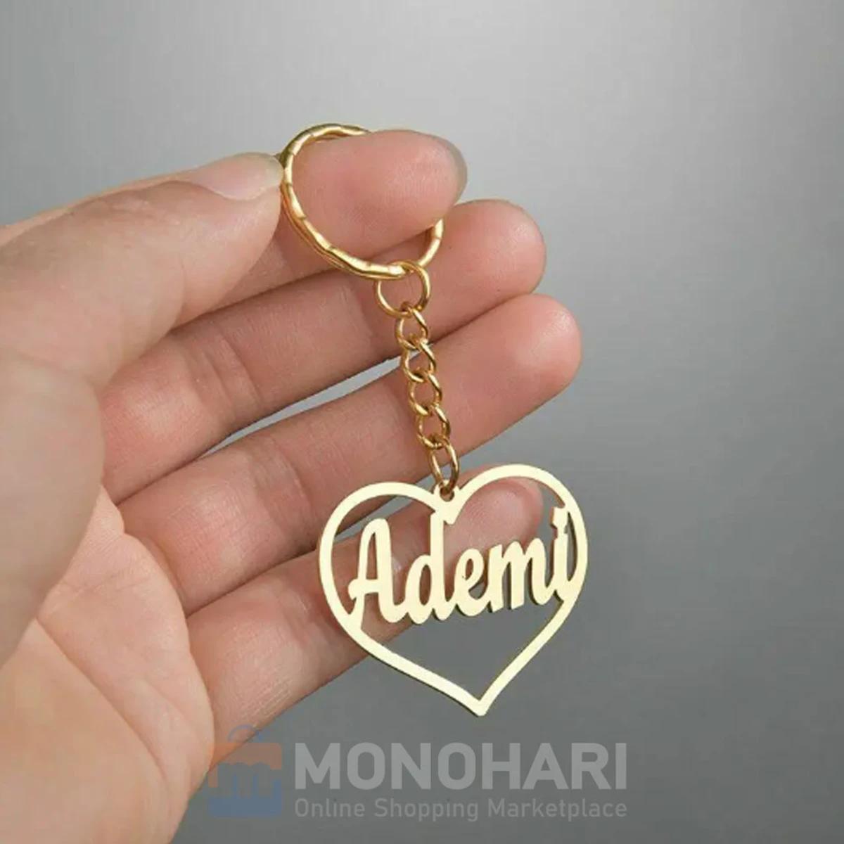 Single Name Key Ring (Ademi) Covered with Heart Shape 22K Gold Plated Customized Key Ring